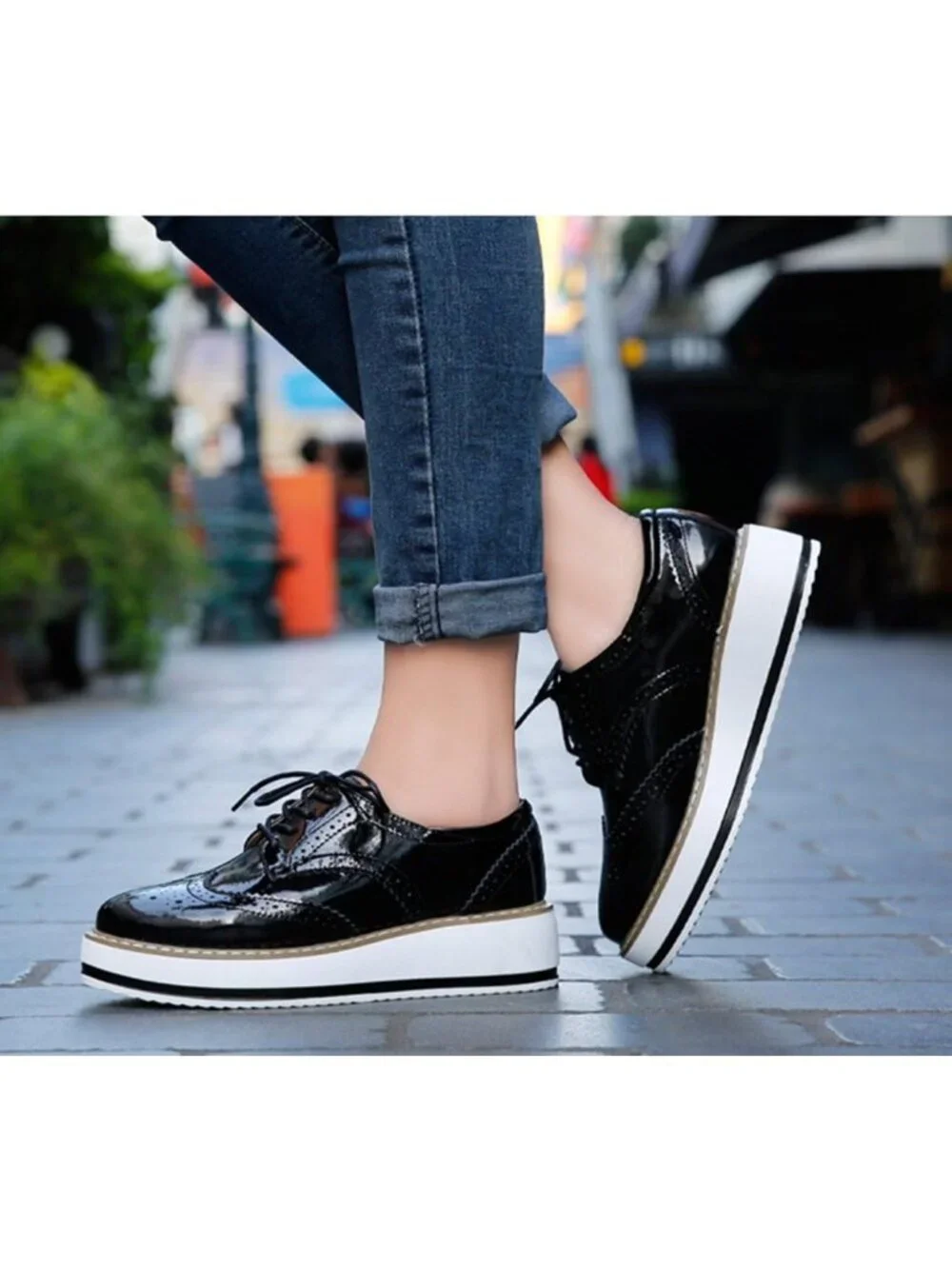 Womens Shine-Black Round Toe Lace Up Leather Oxford Shoes Wingtip White Platform